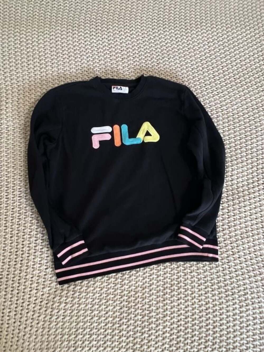 Fila Women's Black Sweatshirt with Pastel Rainbow Logo and Striped Trim